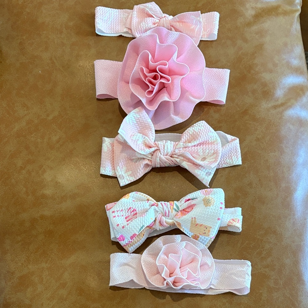 Pink Baby Headband Set – 5 Soft Floral & Bow Designs